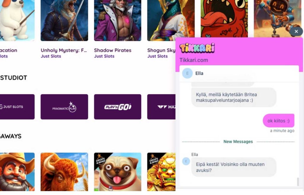 Kuvassa näkyy Brite kasino Tikkarin asiakaspalvelun live chat. Brite kasinot kokemuksia Rahapelisanomat