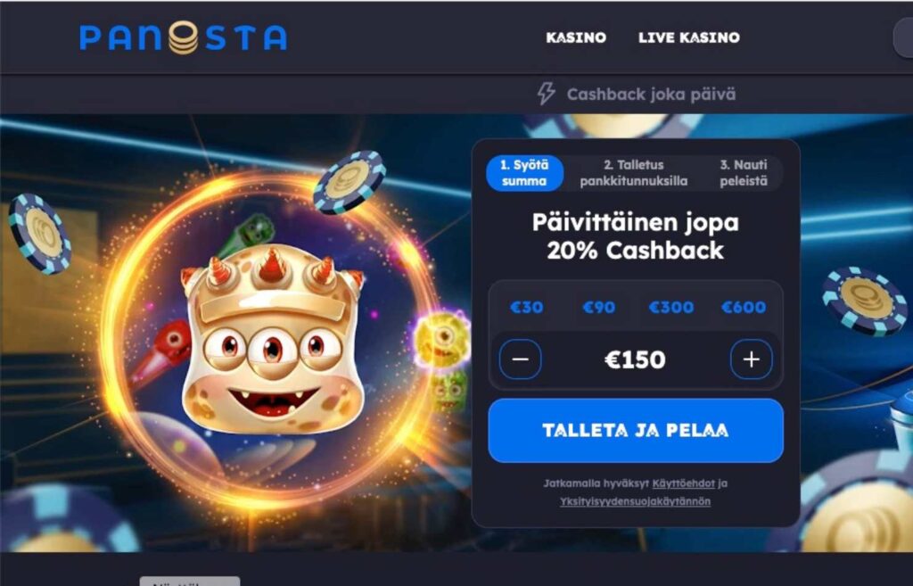 Kuvassa Panosta kasinon talletusikkuna, jossa mainitaan 20% cashback päivittäin, mutta ehdot kannattaa tarkistaa aina. Cashback bonusten säännöt ja ehdot – Mitä tarkistaa aina Rahapelisanomat