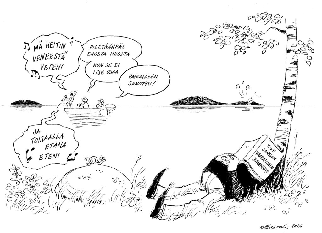 Juhannus-aiheinen pilapirros. Etualalla piirtäjä makaa koivun alla päänsä peitteenä Tove Janssonin "Vaarallinen Juhannus" kirja. Piirtäjän takana vesistö missä veneeen keulassa mies laulaa ja näyttää virtsaavan, muut veneessä olijat huolissaan. Taustalla Iki-Turso.