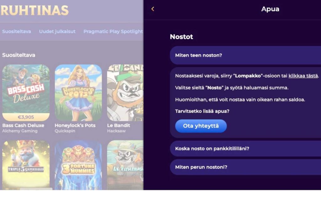 Kuvassa on Brite kasino Ruhtinaan ohjeet voittojen kotiutukseen. Kotiutus Rahapelisanomat 
