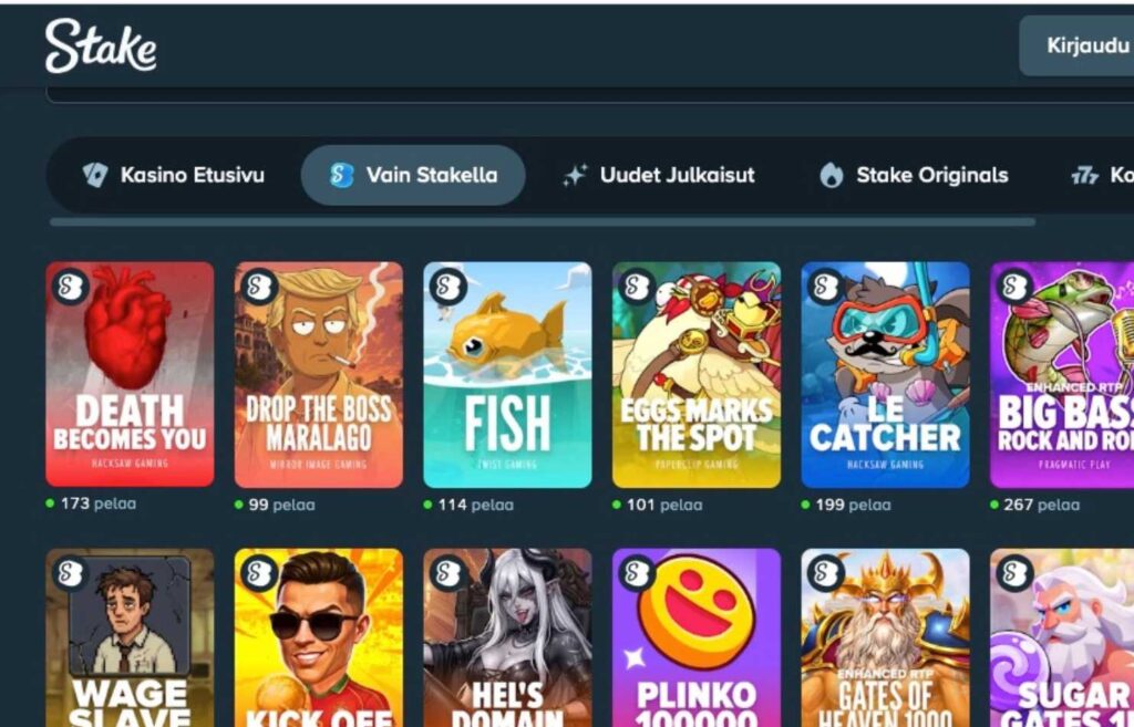 Kuvassa näkyy Stake kryptokasinon pelejä, jotka ovat vain Stakella. Kryptomaksaminen kasinolla Rahapelisanomat 