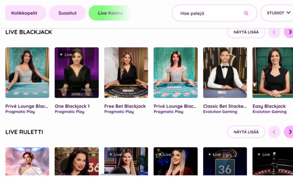 Kuvassa näkyy lIve kasinon pelejä Tikkarilla. Blackjack ja Live ruletti. Rahapelisanomat 