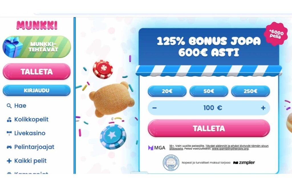Kuvassa näkyy Munkki nettikasinon etusivun talletusosio, maksunvälittäjänä Zimpler. Maksutavat kasinoilla ilman rekisteröintiä Rahapelisanomat