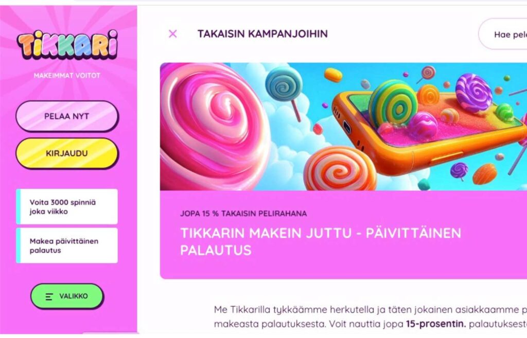 Tikkari kasinon käteispalautus eli cashback osion yksityiskohta. Tikkarin cashback 15% takaisin pelirahana. Mikä cashback casino on Rahapelisanomat