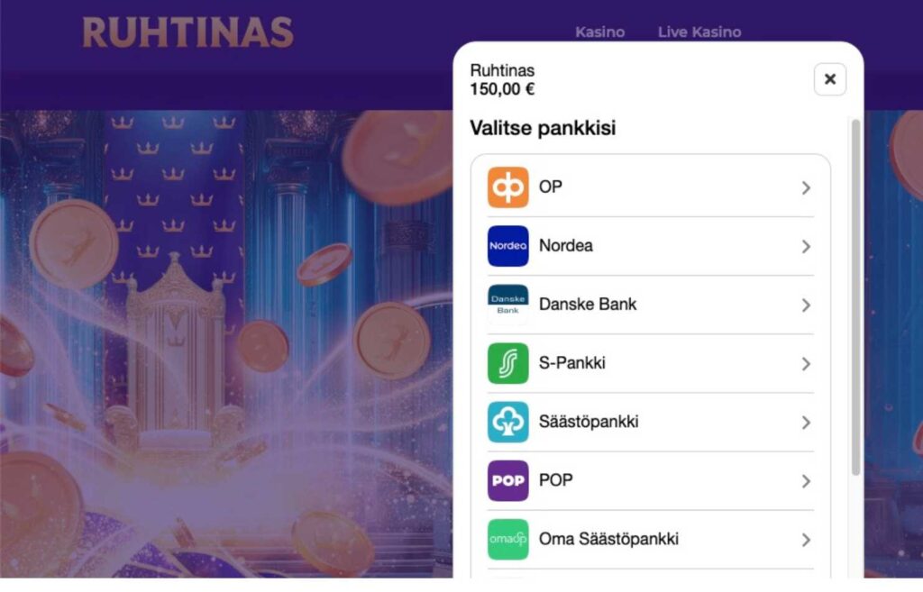 Kuvassa näkyy Ruhtinas kasinon pankkitalletusnäkymä. Tarjolla on OP, Nordea, Danske Bank, S-pankki ym suomalsiai tuttuja pankkeja. Mitä ovat kasinot ilman rekisteröitymistä Rahapelisanomat