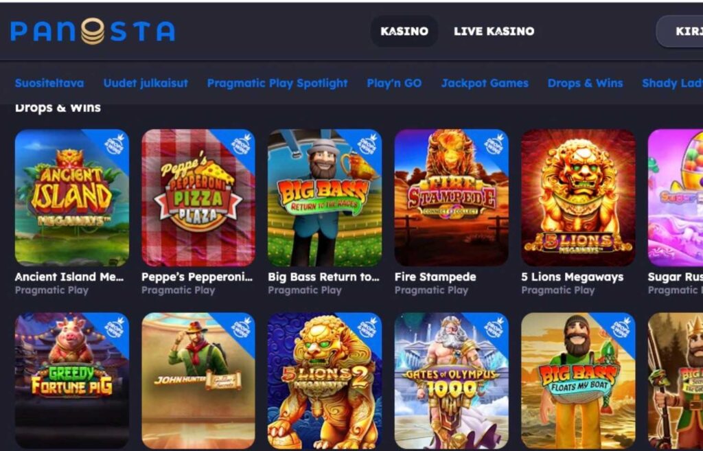 Kuvassa näkyy Brite kasino Panostan kasinoaulan pelitarjontaa. Miten Brite kasinot toimivat Rahapelisanomat