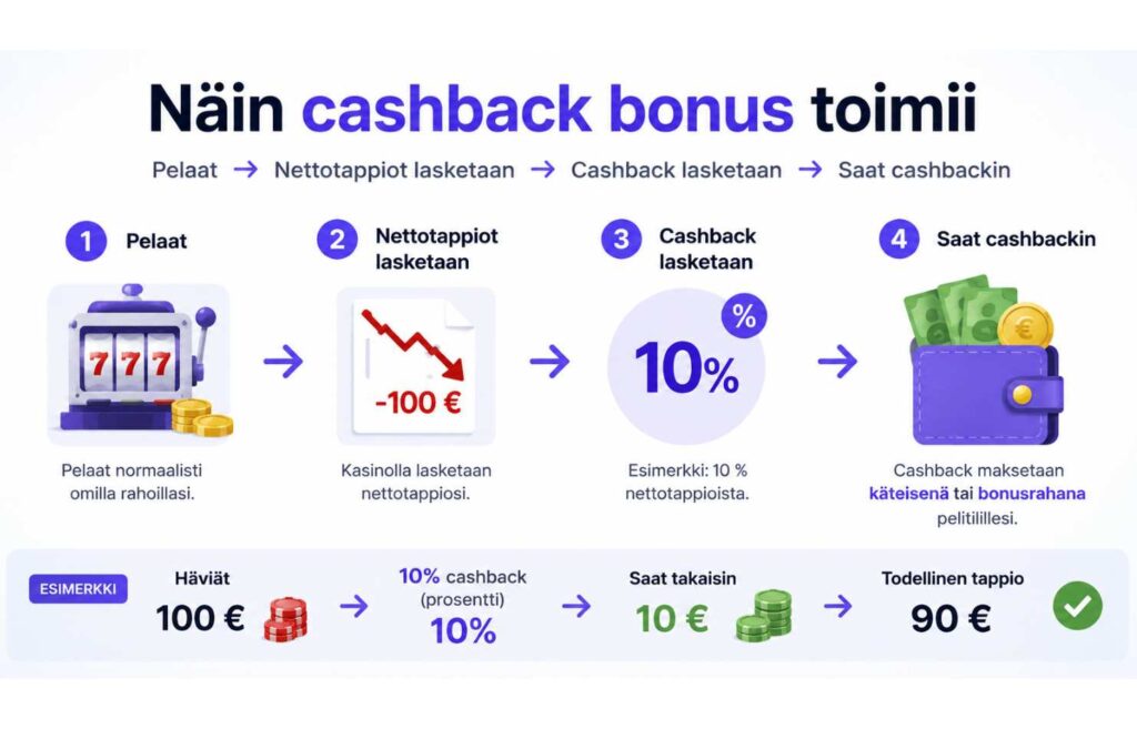 Kuvassa Cashback casinon toimintatapa selitettynä. Pelaaminen, nettotappiot, cashbackin laskeminen ja rahojen maksu pelitilille tai peleihin.