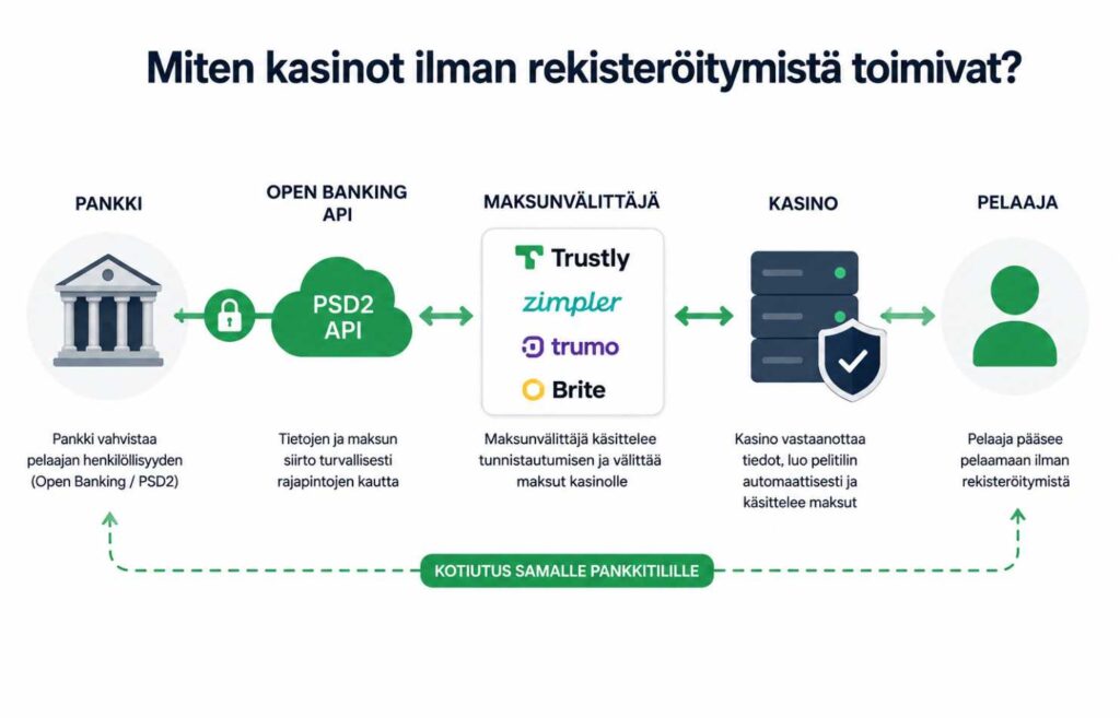 Kuvassa on selitetty kaaviona Miten kasinot ilman rekisteröitymistä toimivat: pankki vahvistaa henkilöllisyyden, maksunvälittäjä välittää tiedot ja kasino luo pelitilin automaattisesti. Rahapelisanomat