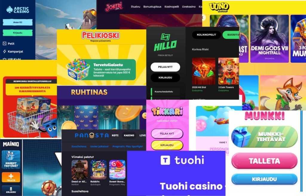Kuvassa monien kasinoiden ilman rekisteröitymistä etusivujen ja logojen kuvia samassa kuvassa. Rahapelisanomat