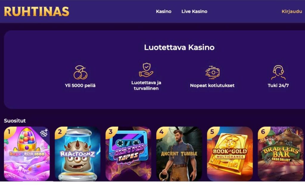 Kuvassa Ruhtinas kasinon etusivu, teksteillä: Yli 5000 peliä, Luotettava ja turvallinen, Nopeat kotiutukset, Tuki 24/7. Näkyvissä myös pelivalikoimaa. Miten valita paras cashback casino Rahapelisanomat