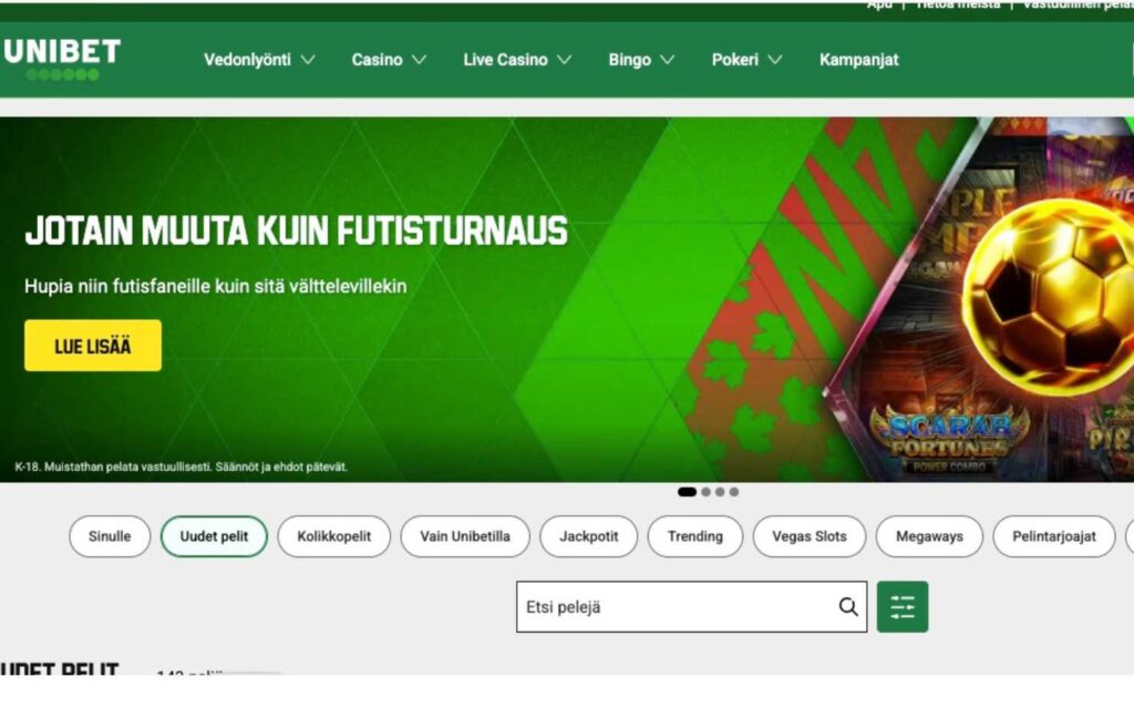Kuvassa näkyy Unibet kasinon etusivu, jossa jalkapallon kuva ja teksti: Jotain muuta kuin futisturnaus. Mobiilimaksaminen nettikasinolla Rahapelisanomat