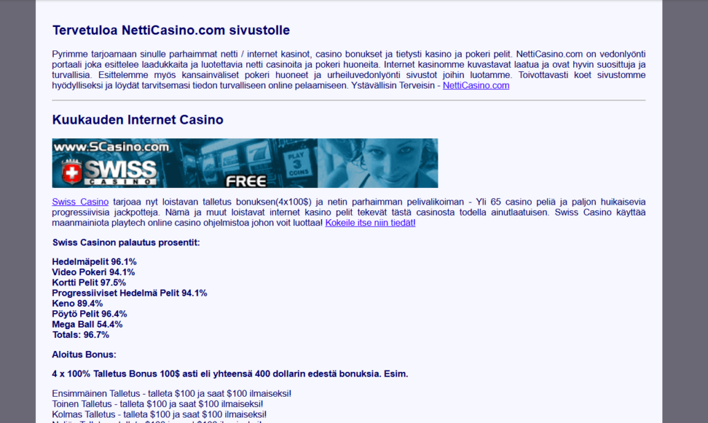 Retronnäköinen NettiCasino.com esittelee kasinoita kuten SwissCasino.