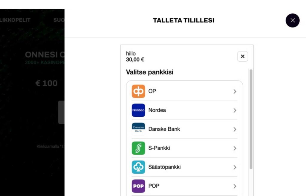 Kuvassa on Hillo kasinon talletusosio, jossa näkyy suomalaisten pankkien nimiä ja logoja. Maksutavat Rahapelisanomat