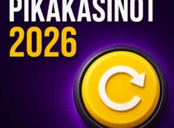 kuvassa lukee Pikakasinot 2026 ja siinä on keltainen painonappi jossa pyöräytysnuoli Rahapelisanomar