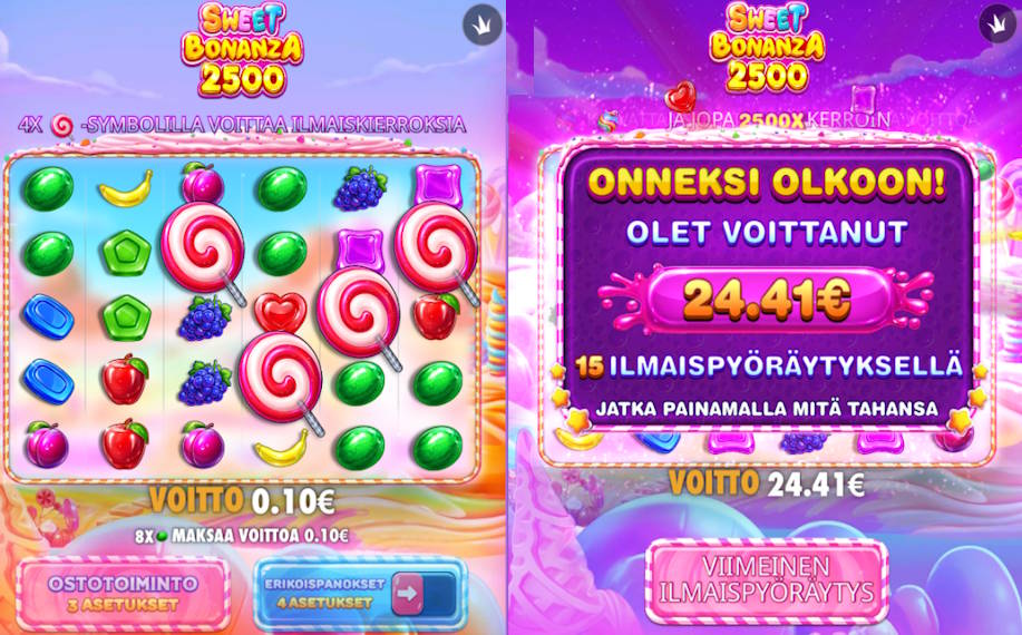 Sweet Bonanza peli Hillo Casinolla. Testaaja sai pelistä voittoja.