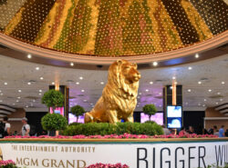 MGM tunnushahmo leijona kasinon aulassa. Leveässä jalustassa puhutaan "Entertainment authorithystä" ja "isommista" asioista.