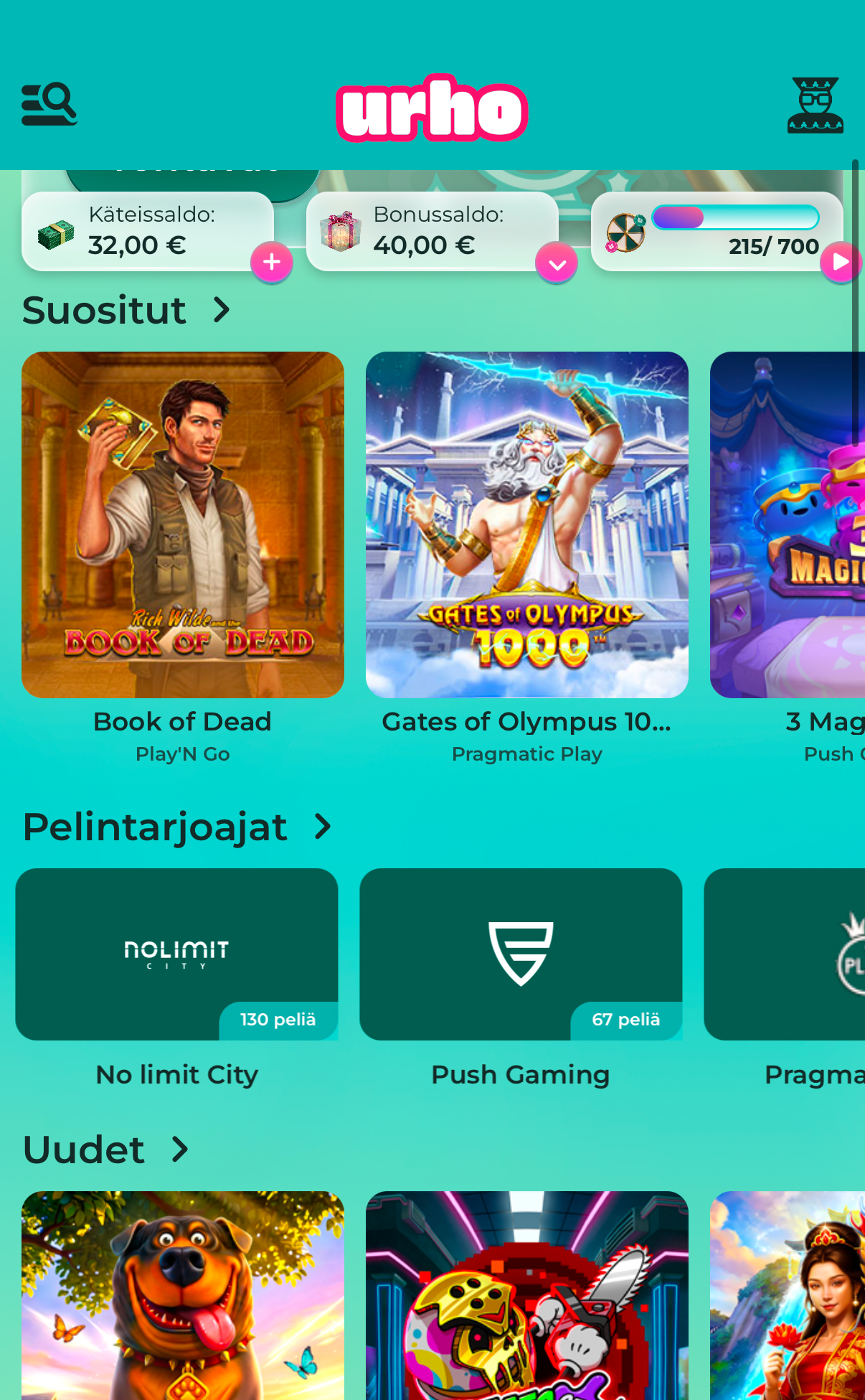 Urho Kasino nettikasinolla Rahapelisanomien testissä: mobiilissa näkyy suositut pelit kuten Book of Dead ja Gates of Olympus, käteissaldo 32 € ja bonussaldo 40 €. Työpöytänäkymässä Book of Dead -peli auki, saldo 51 €.