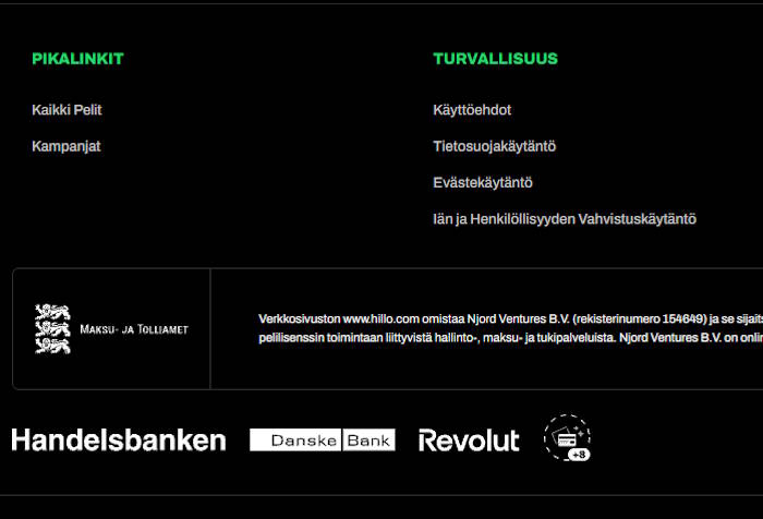 Uuden nettikasinon lisenssitiedot ja operaattorin tiedot näkyvissä kasinon sivun alalaidassa