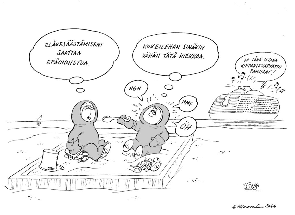 Kaksi vauvaa hiekkalaatikolla. Toinen heistä namostelee hiekkaa ja tarjoaa sitä mietiskelevämmälle, kenen mielen päällä on eläkevarmuus. Risteilijällä taustalla käynnissä show.