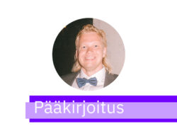Aleksi Virtanen kuvattuna puvussa ja rusetissa. Pääkirjoitus teksti alapuolella.