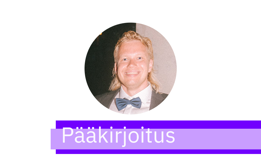 Aleksi Virtanen kuvattuna puvussa ja rusetissa. Pääkirjoitus teksti alapuolella.