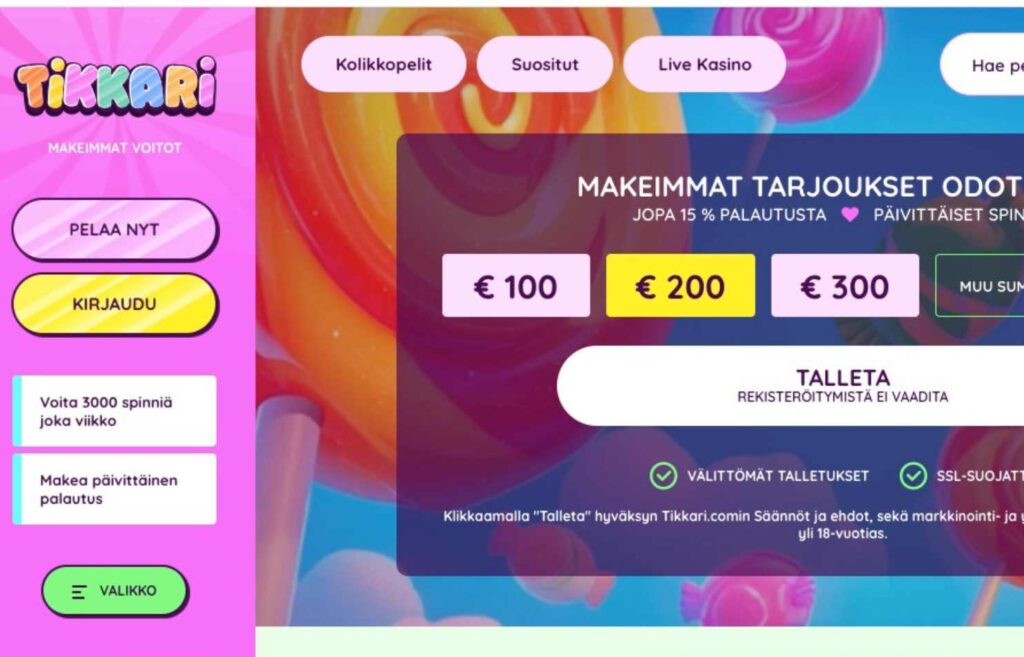 Kuvassa näkyy Tikkari casinon etusivu jossa napit talletukselle, kirjautumiselle ja peleille. Huijaako Tikkari casino Rahapelisanomat