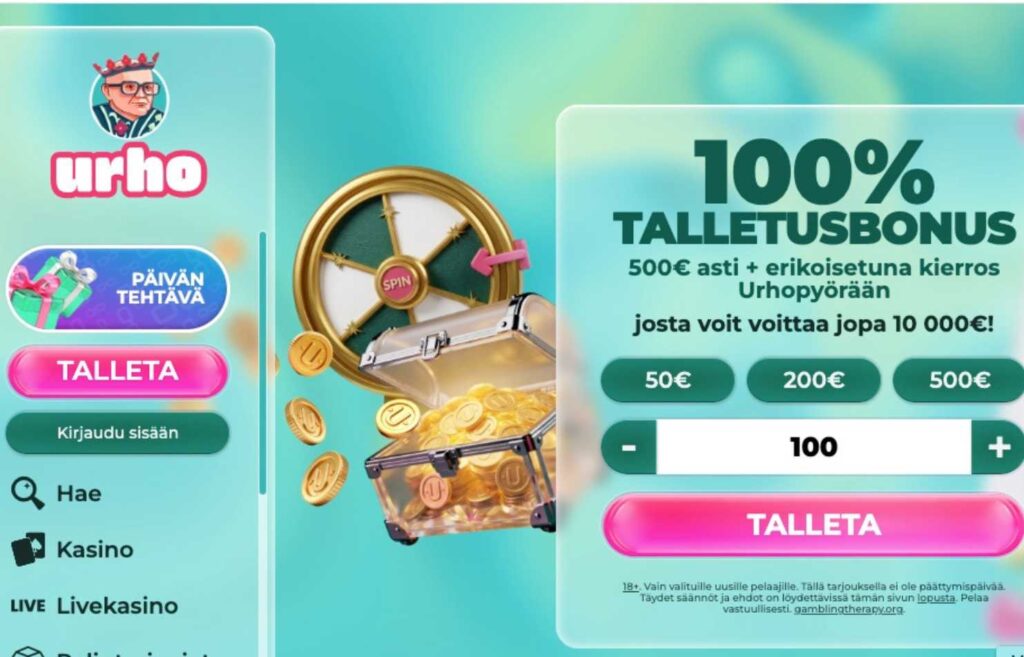 Kuvassa näkyy Urho kasinon 100% talletusbonus etusivulla. Trustly bonusetu Rahapelisanomat