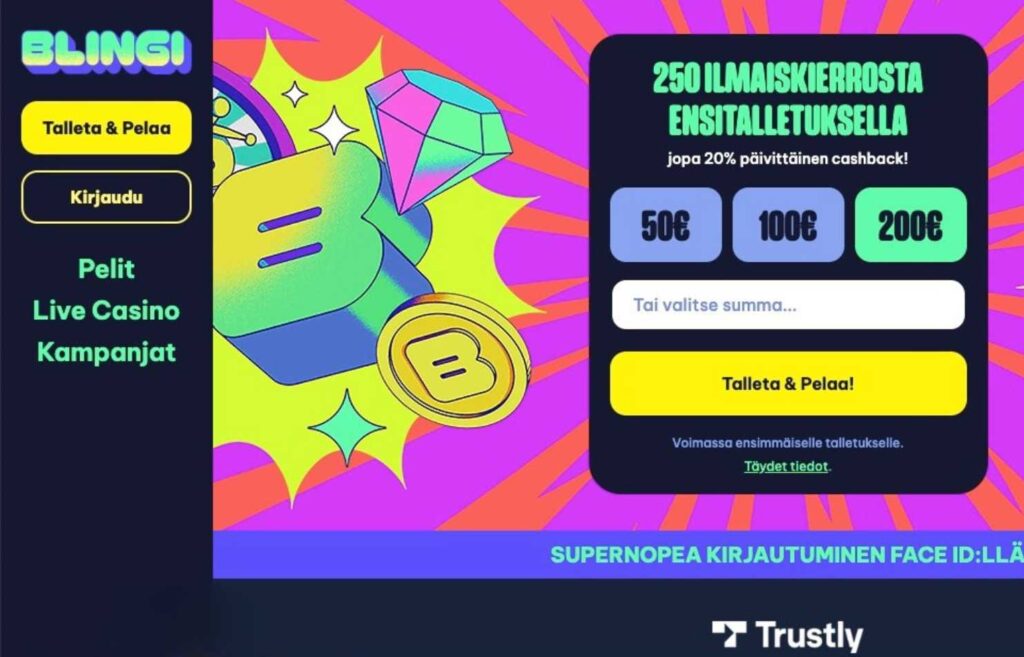 Kuvassa on uuden Blingi kasinon etusivu.  Uudet Trustly kasinot 2026 Rahapelisanomat