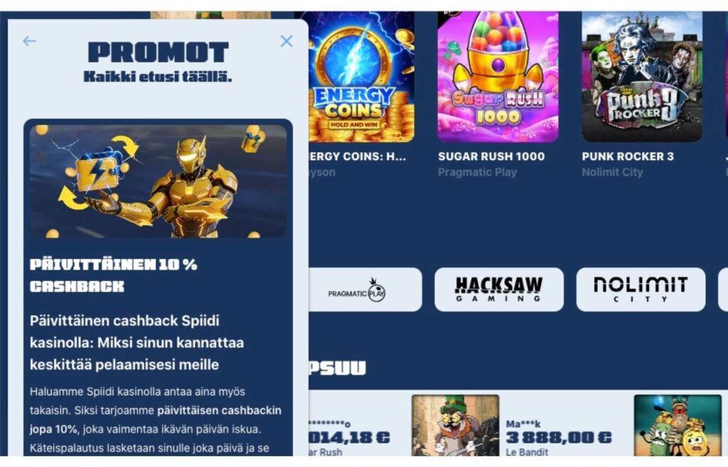 Spiidi kasinon cashback -osion teksti. Päivittäinen käteispalautus 10%. Uudet cashback casinot kesäkuu 2026 Rahapelisanomat