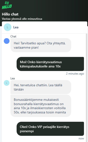 Kuva keskustelusta Hillo Casinon asiakaspalvelun kanssa