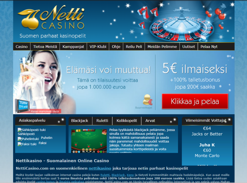 Retron näköinen netticasino antaa 5€ tarjouksen ja 100% talletusbonuksen 200 € saakka. Kasino mainostaa blackjack, 1 000 000 jättipottia ja viimeisimpiä voittajia.