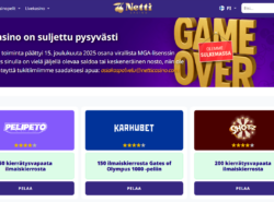 NettiCasino vertailusivston etusivu kertoo kasinon sulkeutuneen. Ilmoituksen alapuolella nettikasinoiden vertailua.