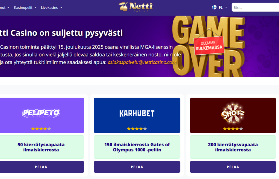 NettiCasino vertailusivston etusivu kertoo kasinon sulkeutuneen. Ilmoituksen alapuolella nettikasinoiden vertailua.