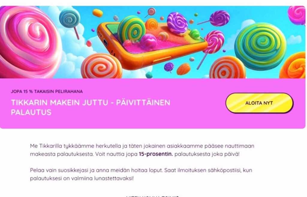 Kuvassa on bonusosaston makein juttu eli päivittäinen cashback eli käteispalautus. Rahapelisanomat 