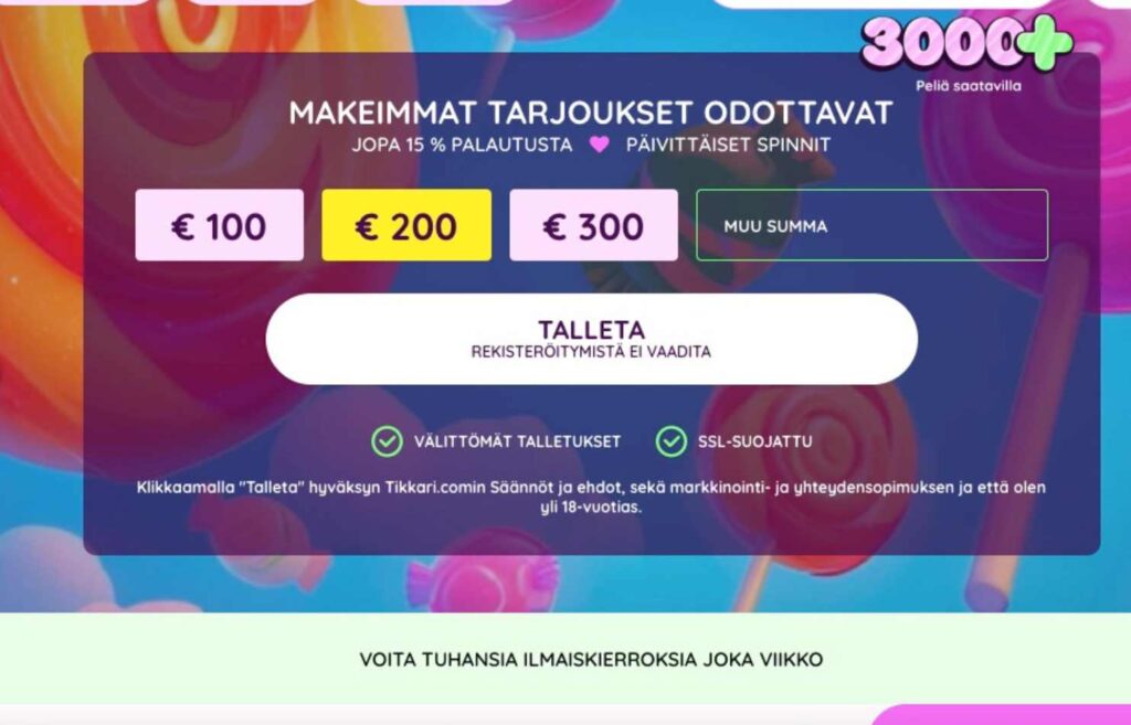 Kuvassa näkyy Tikkari casinon talletuskohta. Napissa lukee Talleta rekisteröitymistä ei vaadita. Talletus Tikkarilla Rahapelisanomat. 