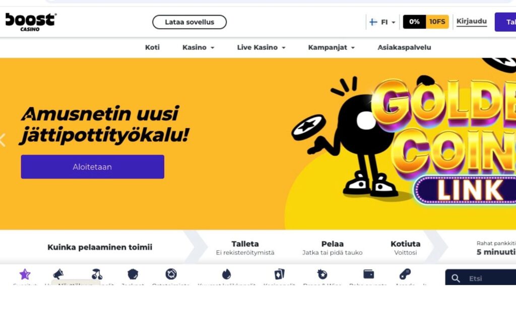 Kuvassa Boost minimitalletuskasinon etusivun näkymä. Keltainen tausta ja musta kolikkohahmo jaloilla. 5e talletus casino Rahapelisanomat 