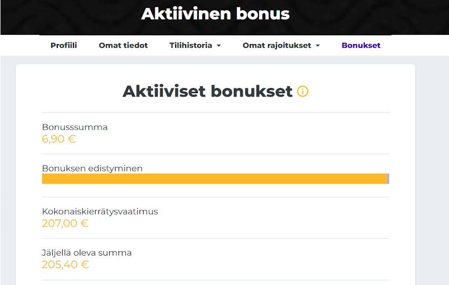 Boost Casinon aktiivinen bonusmittari näyttää kierrätyksen etenemisen.
