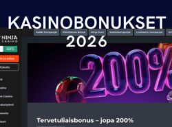 Kuvassa on Ninja kasinon tervetuliaisbonus 200% ja teksti Kasinobonukset 2026. Rahap0elisanomat.