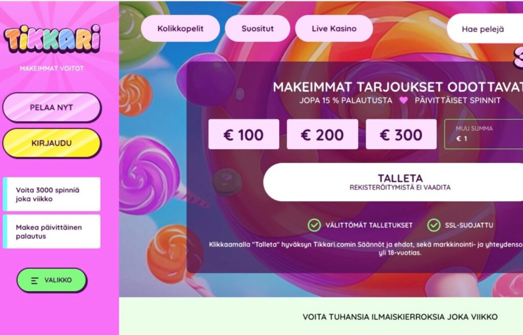 Minimitalletus kasino Tikkarin etusivu, jossa talletuskohdan yksityikohta. Muu summa kohdassa 1 euro. Mikä on minimitalletus kasino Rahapelisanomat