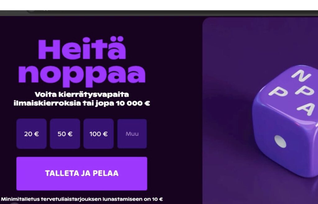 Kuvassa noppa minimitalletuskasinon etusivu. Nopalla minimitalletus on 1 euro ja bonuksen lunastamiseen minimitalletus on 10 euroa. Milloin pieni minimitalletus kannattaa ja milloin ei Rahapelisanomat