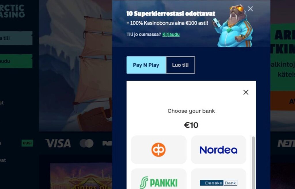 Kuvassa Arctic kasinon talletuskohta, jossa 10 euroa ja pankkien logoja. Minimitalletus 10e Rahapelisanomat