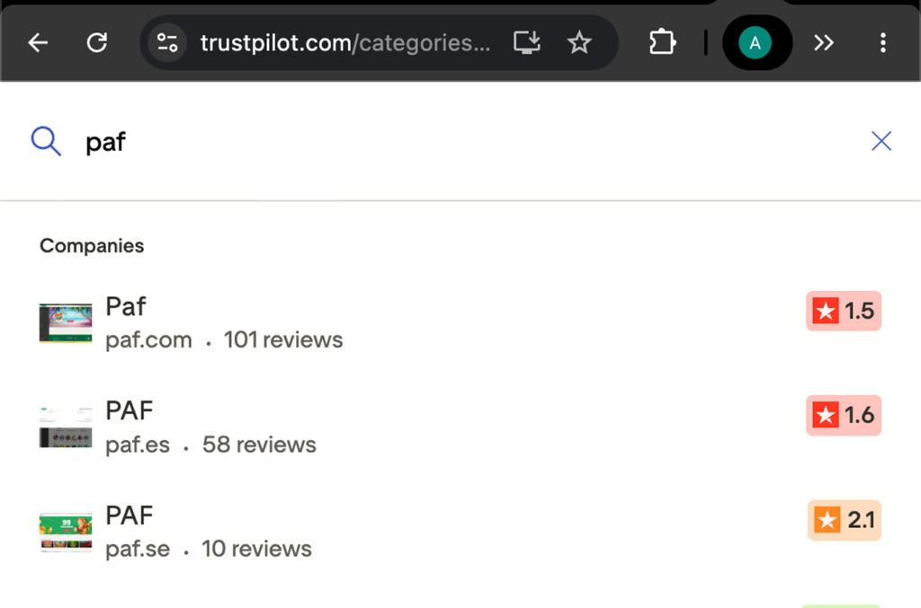 Trustpilot kuvankaappaus näyttää PAF-nettikasino arvosteluita. Eri nettikasinot, paf.com, paf.es. ja paf.se. Surkeat arviot, 1.5, 1.6. ja 2.1 samassa järjestyksessä.