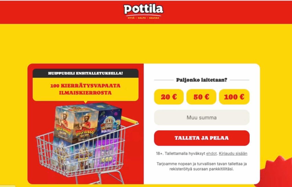 Kuvassa Viljo kasino Pottila etusivu ja talletusosio. Parhaat Viljo-kasinot 2026 Rahapelisanomat