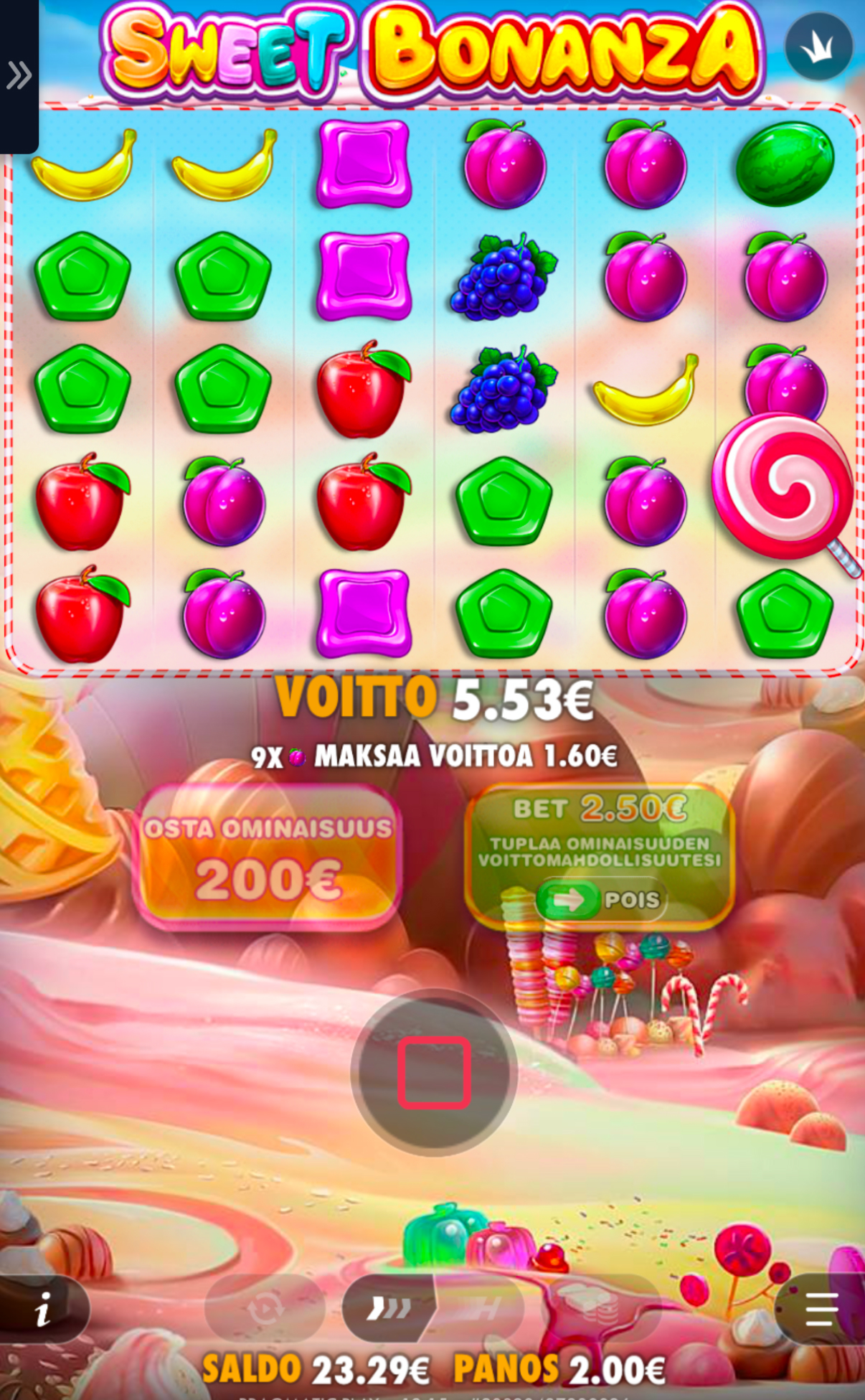 Arctic Casino mobiilissa – Sweet Bonanza -kolikkopeli, voitto 5,53 € ja suomenkielinen pelikäyttöliittymä