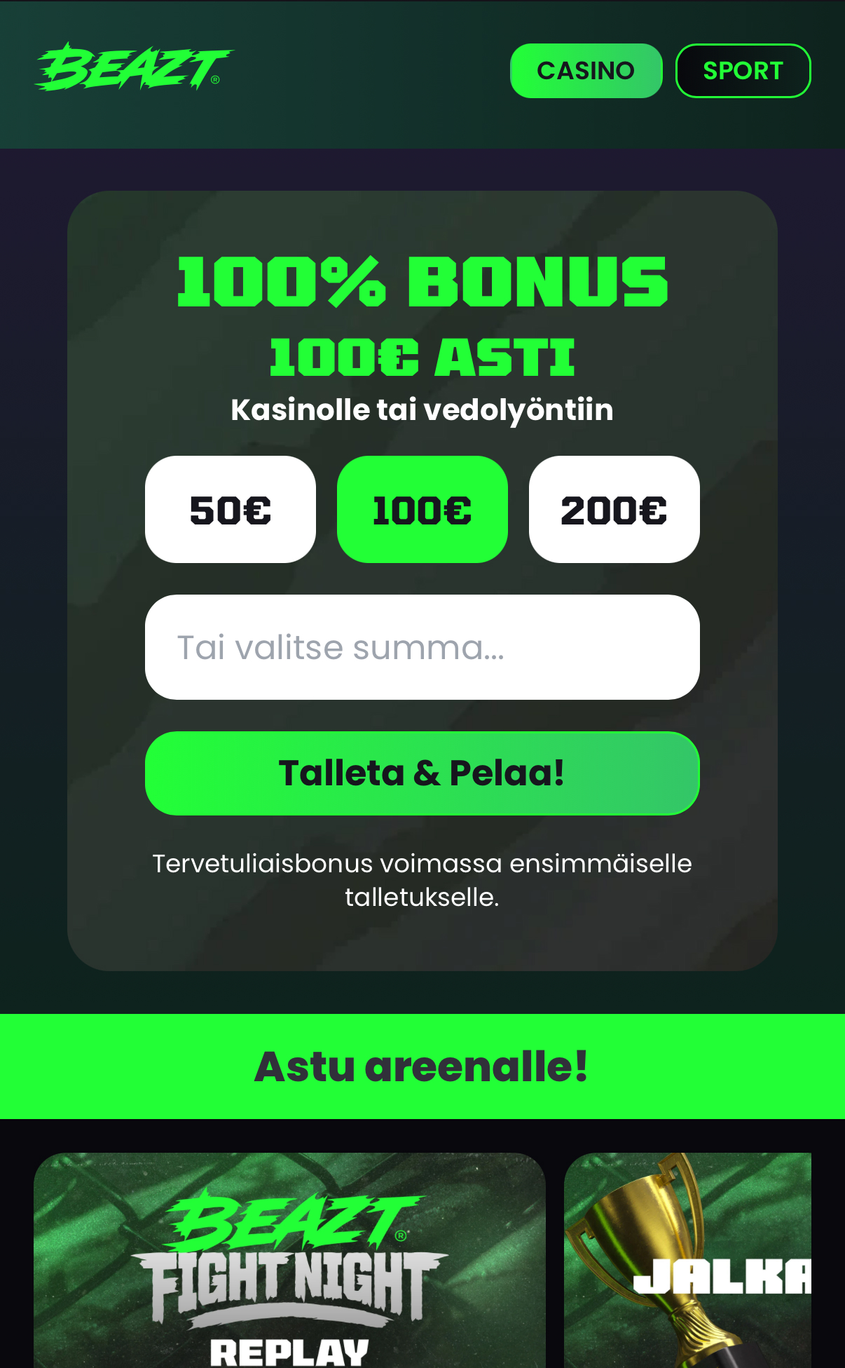 Beazt mobiilissa – 100 % bonus 100 € asti kasinolle tai vedonlyöntiin, Talleta & Pelaa -painike