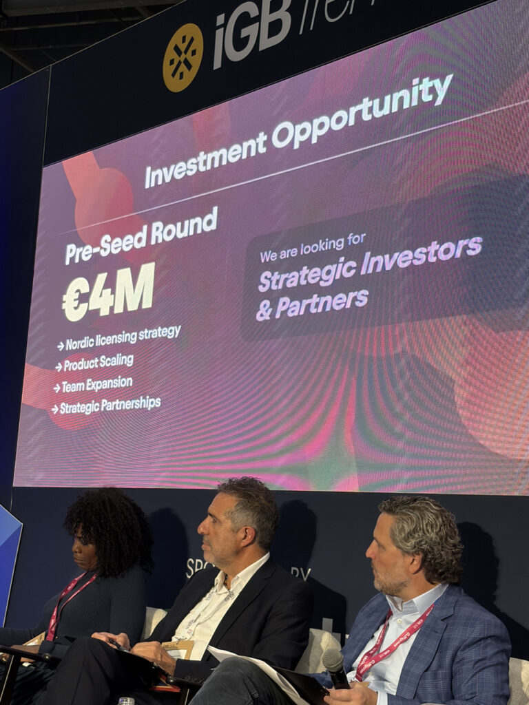 Esitysdia otsikolla Investment Opportunity. Betsy hakee neljän miljoonan euron pre-seed-kierrosta strategisilta sijoittajilta pohjoismaiseen lisenssistrategiaan, tuotteen skaalaamiseen ja tiimin kasvattamiseen.