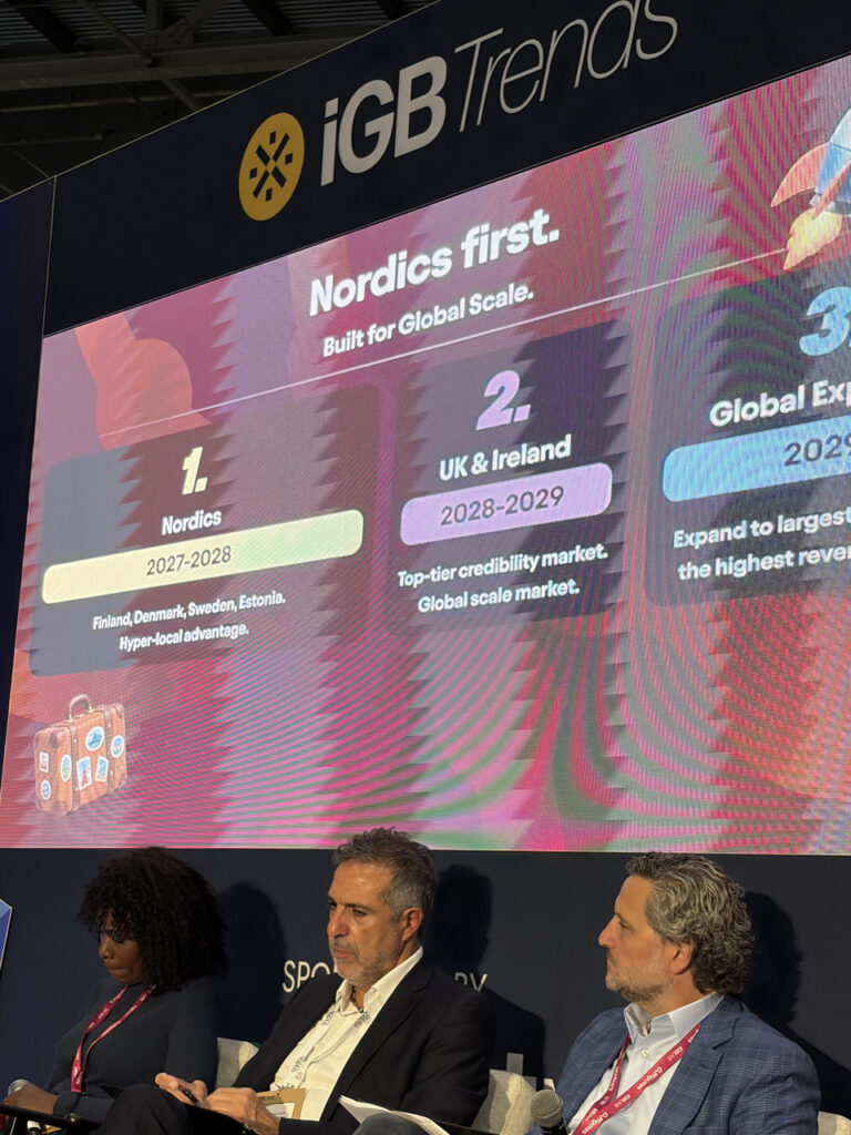Esitysdia otsikolla Nordics first, Built for Global Scale. Laajentumisen vaiheet: Pohjoismaat ja Viro 2027–2028, Britannia ja Irlanti 2028–2029, globaali laajentuminen 2029 alkaen.