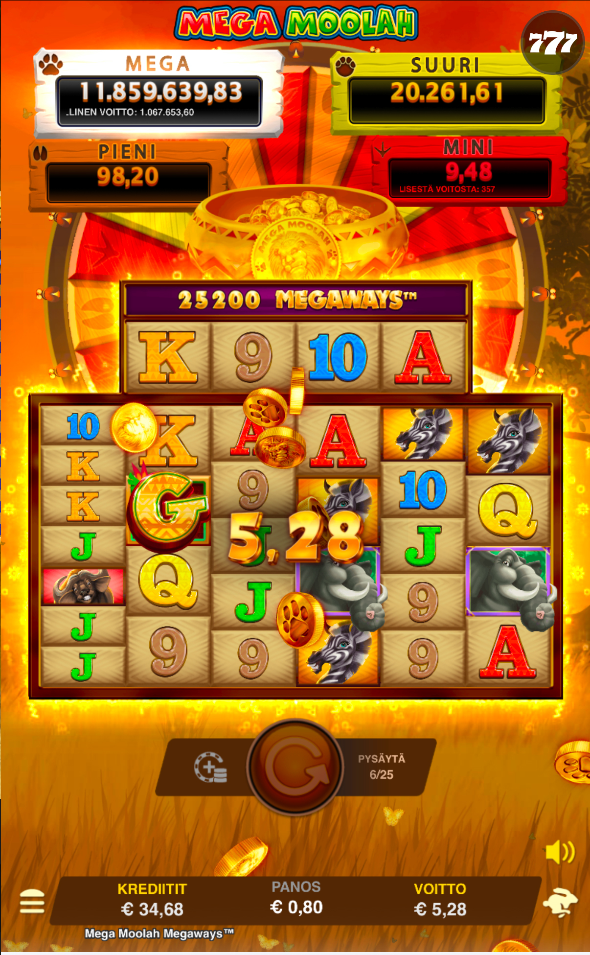 Boost Casinolla auki Mega Moolah Megaways -kolikkopeli. Voitto 5,28 €, saldo 34,68 € ja panos 0,80 €.