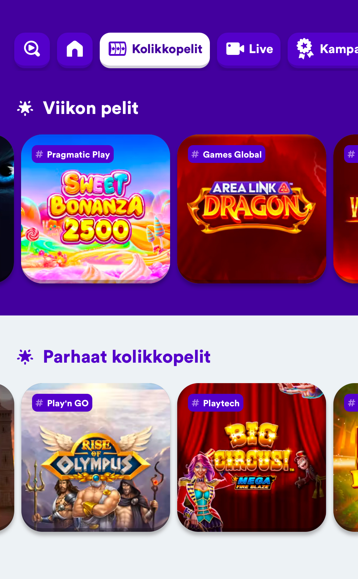 Casumo mobiilissa – Kolikkopelit-välilehti, Viikon peleinä Sweet Bonanza 1000 ja Area Link Dragon, Parhaissa Rise of Olympus ja Big Circus