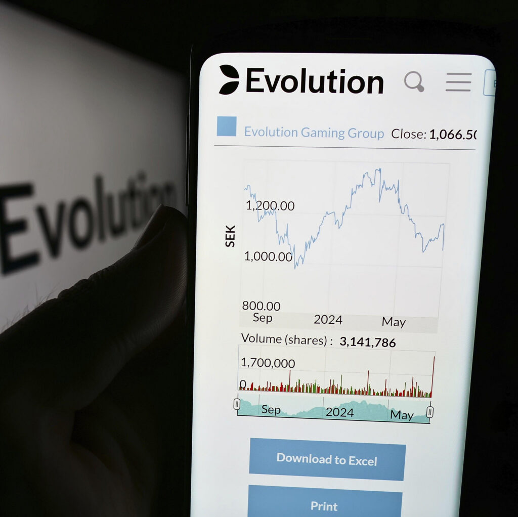 Puhelimella auki Evolution Gaming Group osake, syyskuu 2023 - toukokuu 2024.
